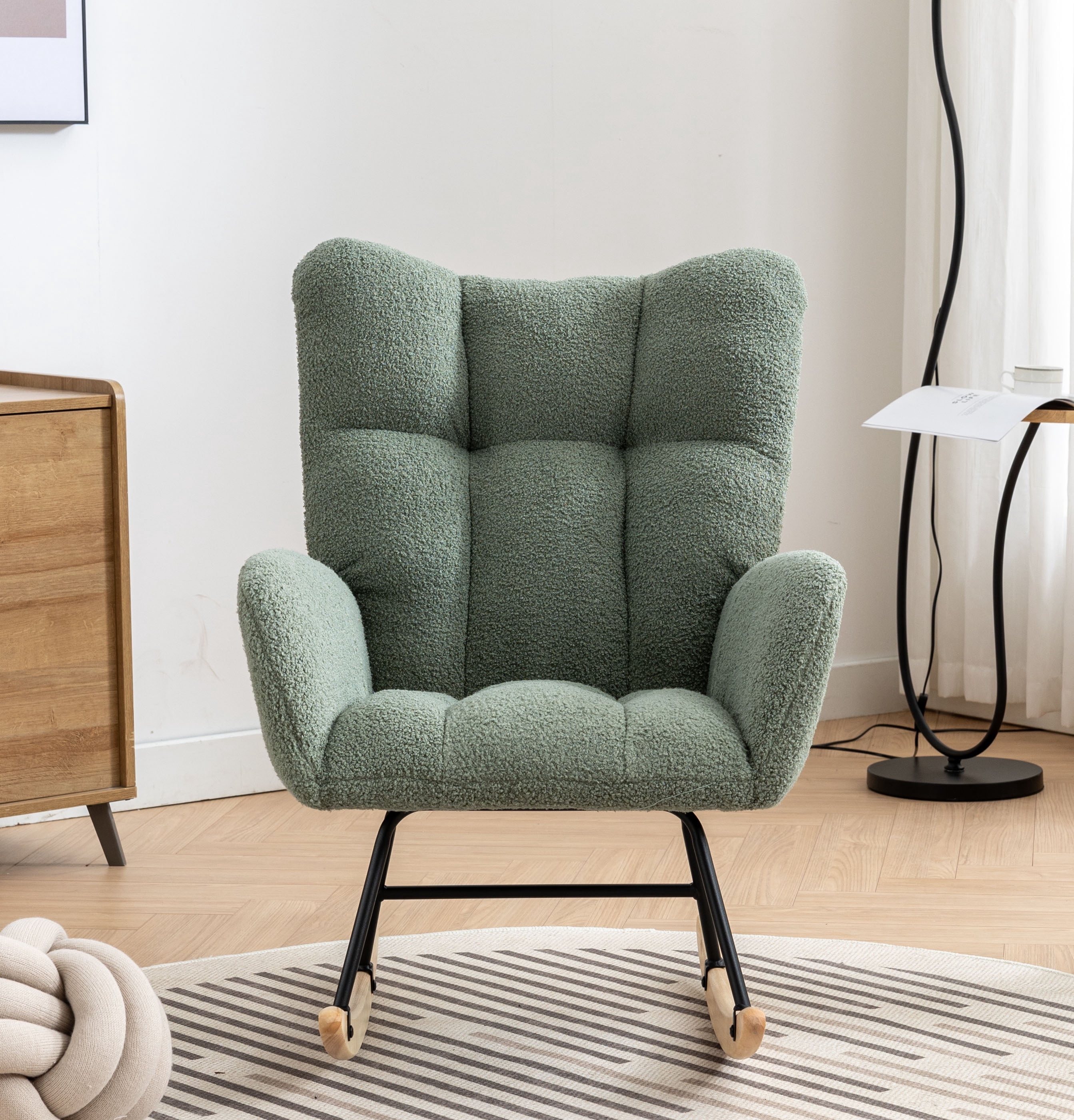 Rocking Chair Nursery,Teddy Upholstered Glider Rocker with High Backrest,Modern Rocking Accent Chairs Glider Recliner for Living Room, Nursery, Bedroom,Green