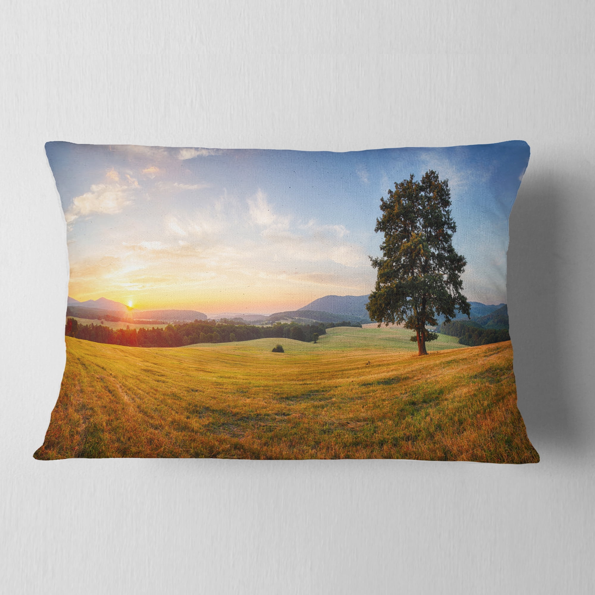 Designart Lonely Tree on Meadow at Sunset - Landscape Photography Throw Pillow - 12x20