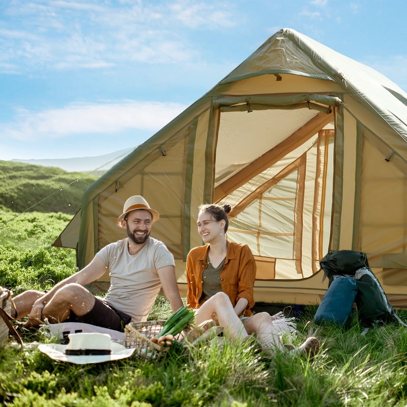 Inflatable Camping & Glamping Tent for Adults, Quick-Setup Blow-Up Tent with Air Pump, 2-in-1 Valve, Chimney Port, Waterproof & Windproof (68SF)