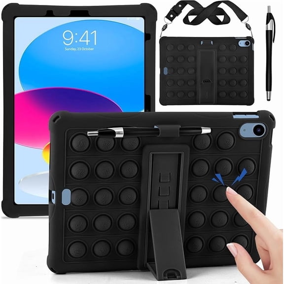 Silicone Case Compatible with iPad (A16) 11th Generation 11 Inch 2025, for iPad 10th Gen 10.9" Soft Case with Shoulder Strap & Stylus Pen, Multi-Viewing Angles, Black