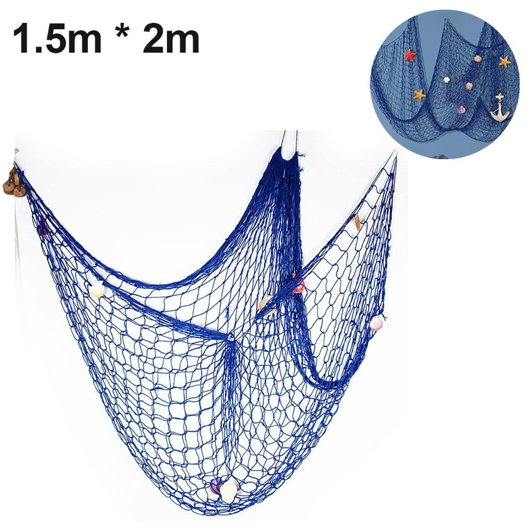 Rustic Nautical Decorative Fishing Net Wall Hangings Decor with Stars,  Lifebuoy and Anchor Ornaments,Blue,1.5*2m,F78182