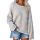 thumbnail image 1 of Suéter de punto con cuello redondo para mujer, manga larga, suelto, con hombros caídos, tops con borde blanco para otoño invierno, caqui M, 1 of 5