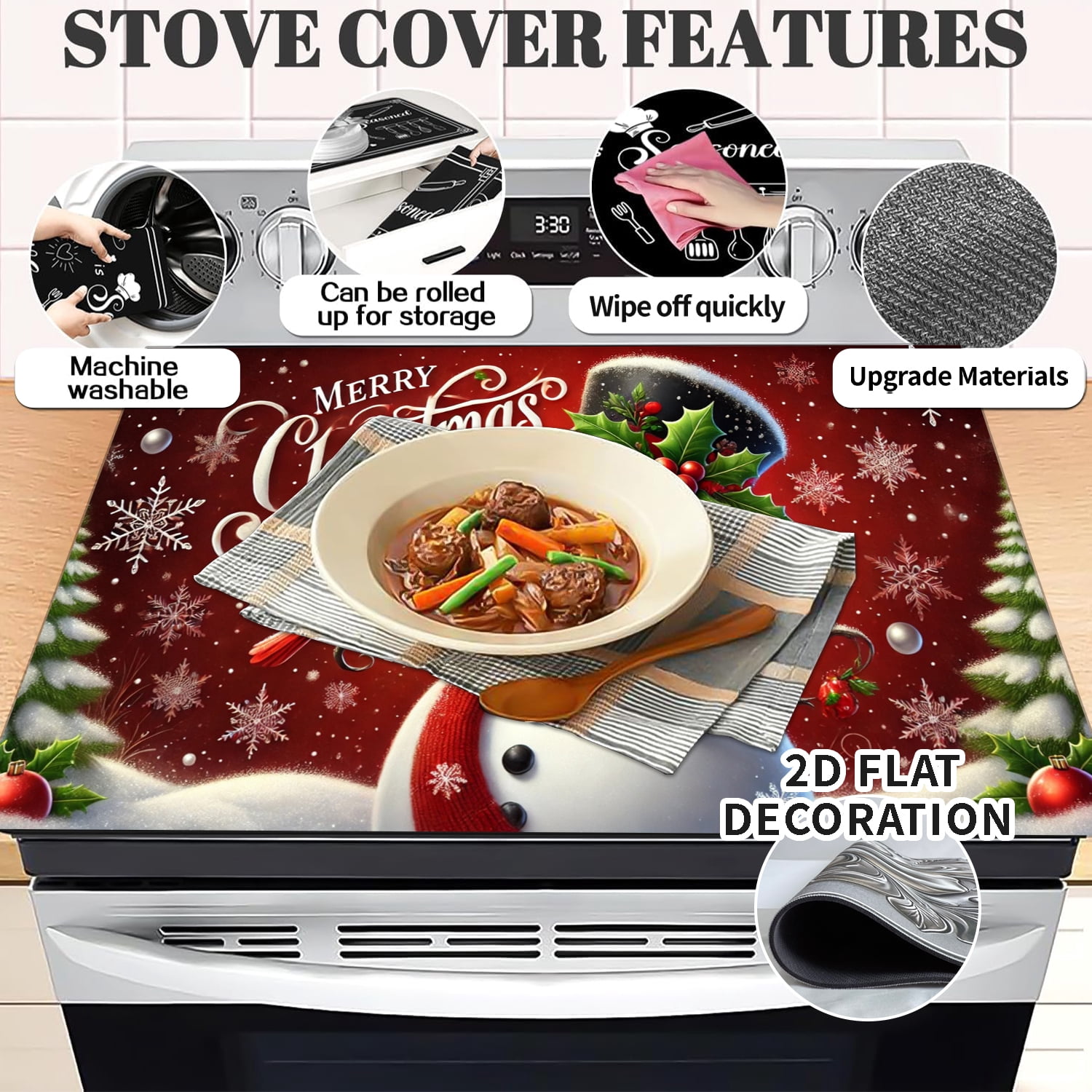 Christmas Snowmen Stove Cover Let It Snow Winter Stove Top Cover for Kitchen Decor Red Electric Stove Pad Xmas Party Non-Stick Gas Burners Covers Washable 28x20 inch, 1Pc