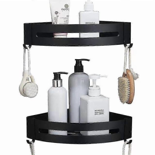 2 Pack No Drilling Adhesive Wall Mounted Bathroom Shower Shelf Storage Organizer With 4 Hooks (black)