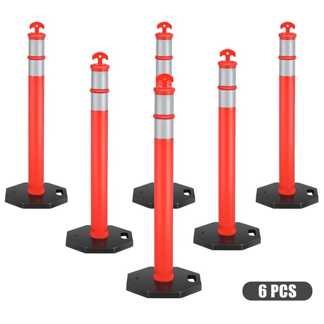 Costway 6 Pack 45'' Orange Traffic Delineator Post Cone with rubber bases and reflective bands. Each post features durable PE material, a stable black rubber base, and two silver reflective collars for enhanced visibility. Ideal for traffic control, safety barriers, parking posts, or caution signs.