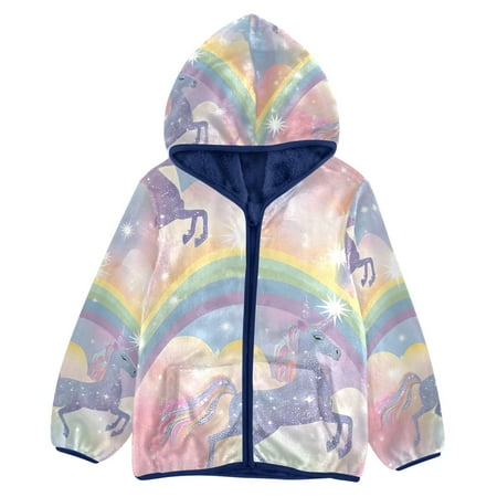 ALAZA Toddler Polar Fleece Jacket Glitter Unicorns and Rainbows Kids Hooded Warm Coats Outerwear 5T