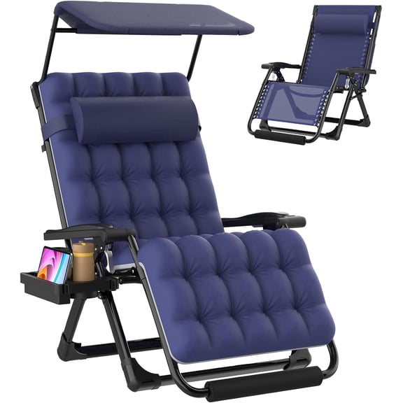 DKMOCO Zero Gravity Chair with Canopy, 33IN XL Reclining Camping Lounge Chairs w/Removable Cushion and Cup Holder, Folding Patio Recliner(Blue)