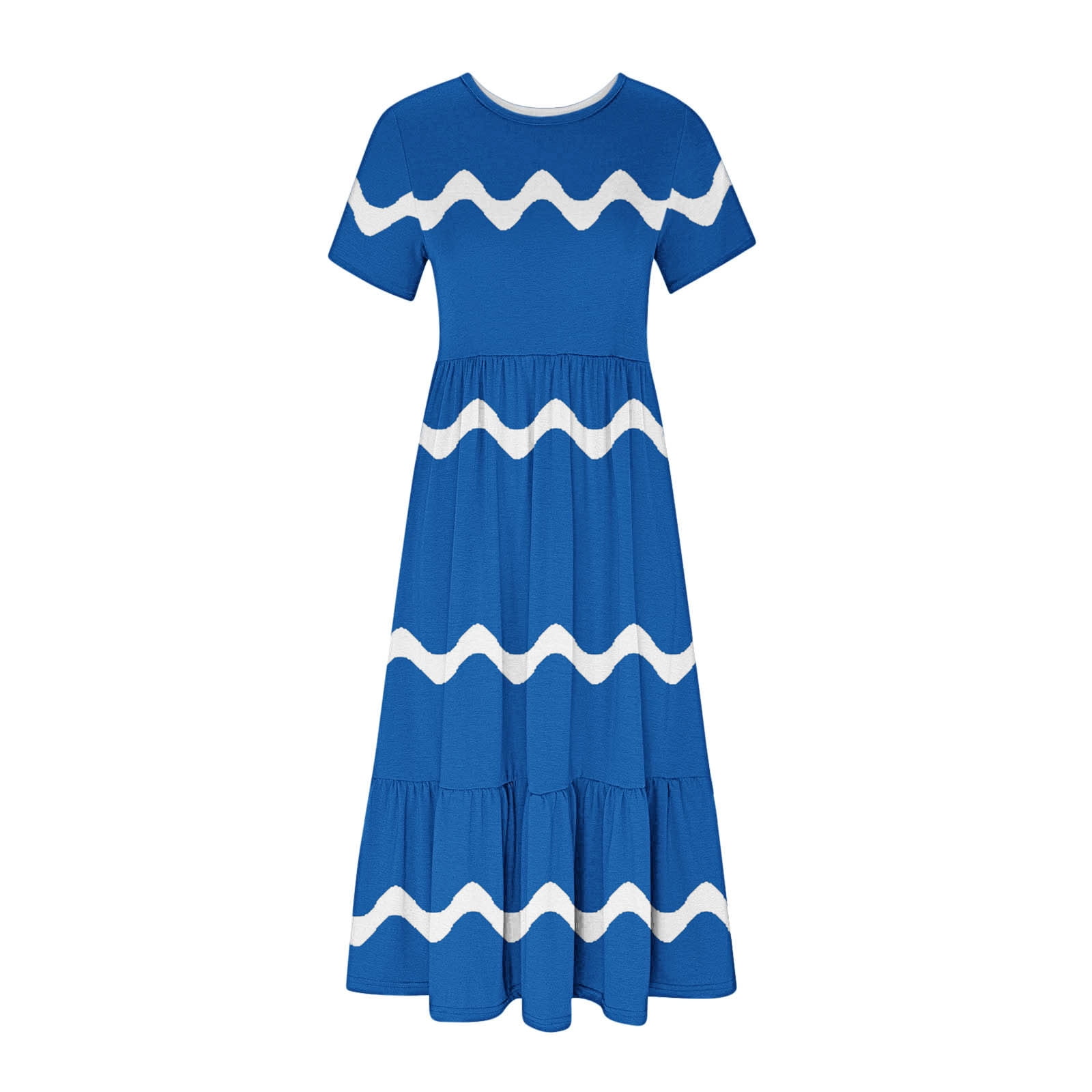Womens Short Sleeve Mid Long Dress with Pockets Fashion Wave Striped Print Pleated Casual Tiered Maxi T-shirt Dress (X-Large, Blue)