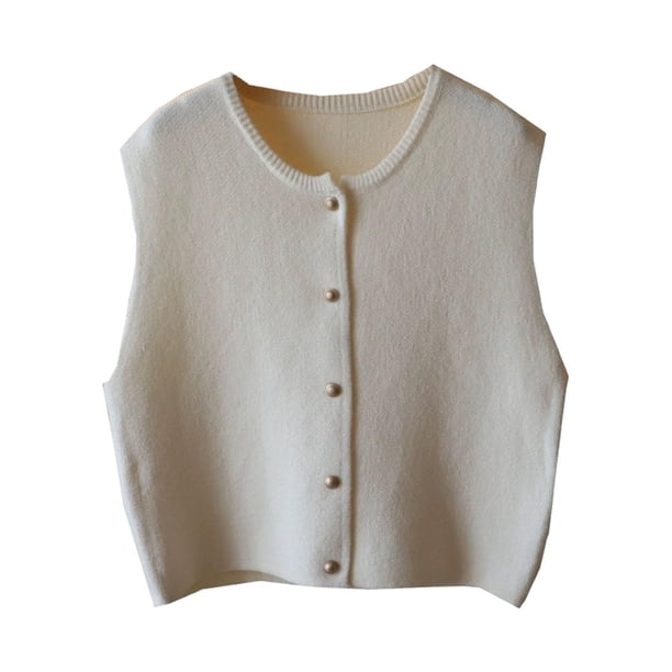Chaleco de punto, ropa, cuello redondo, diseño retro, informal, con botones, moderno, camisetas sin mangas para Blanco