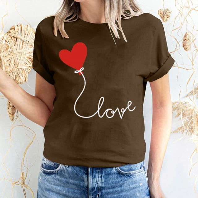 Meichang Hauts pour Femmes T-Shirts de la Saint-Valentin T-Shirts de Fête à Col Rond T-Shirts à Imprimé Cœur d'Amour T-Shirts à Manches Courtes Jolis Tees Blouses en Liquidation