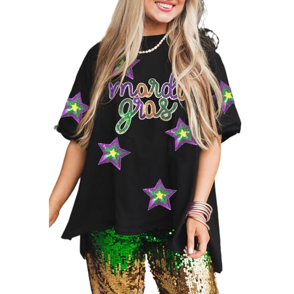 Women's Black Sequin Stars Oversize Mardi Gras Graphic T-Shirt | [ZhiHiMeRi] | (US 12-14)L