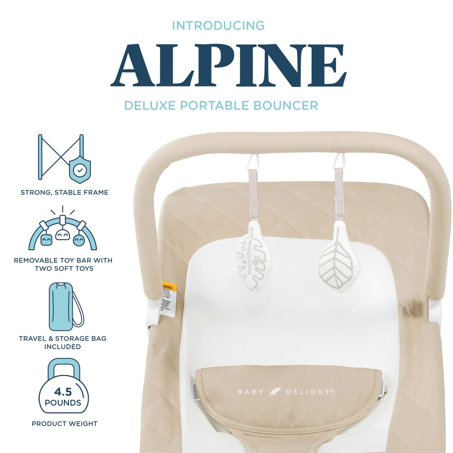 Baby Delight Alpine Organic Deluxe Portable Bouncer, Lightweight, Travel-Ready & Adjustable Recline, Organic Oat