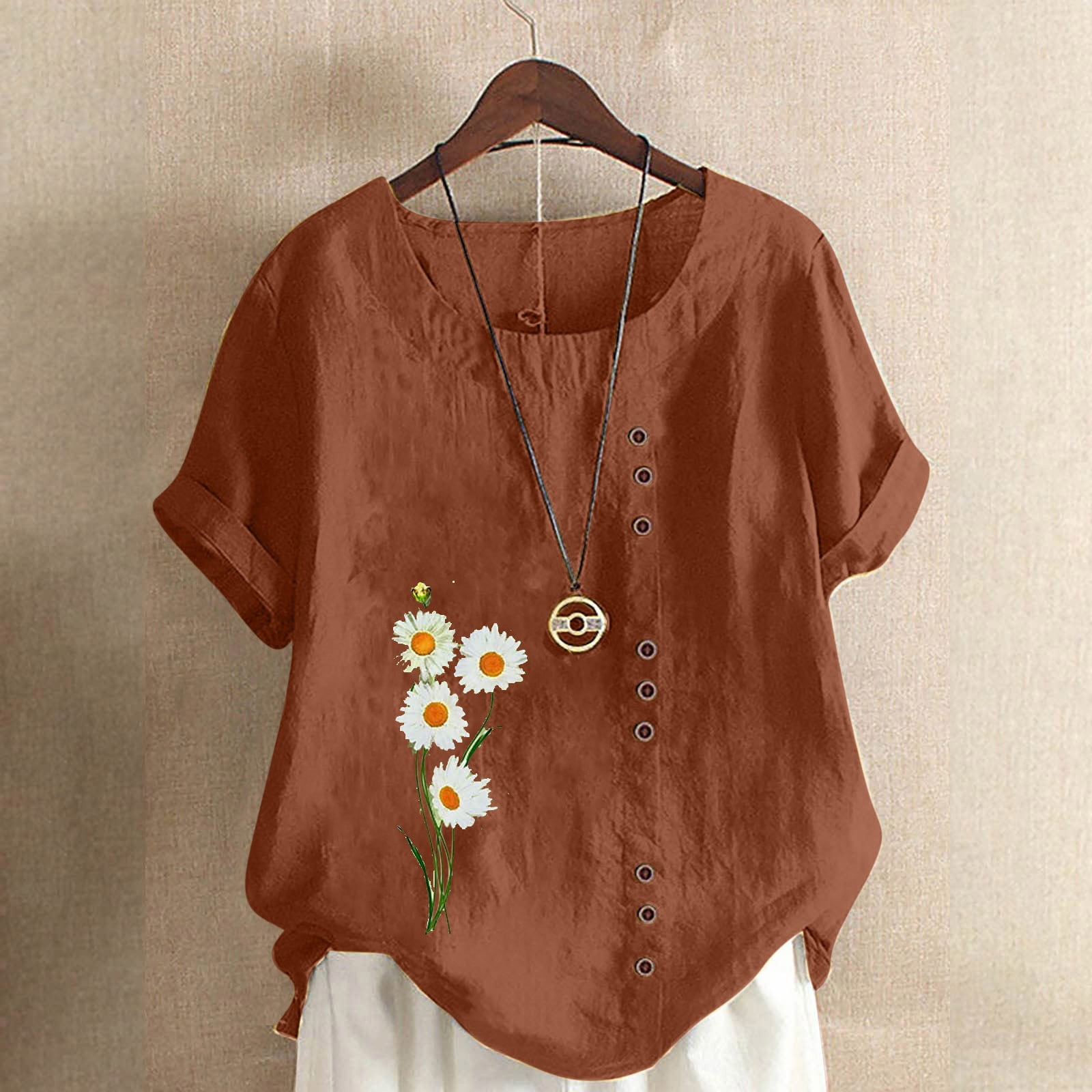 AXXD Womens Blouses Printed Loose Buttons Plus Size Summer Clearance