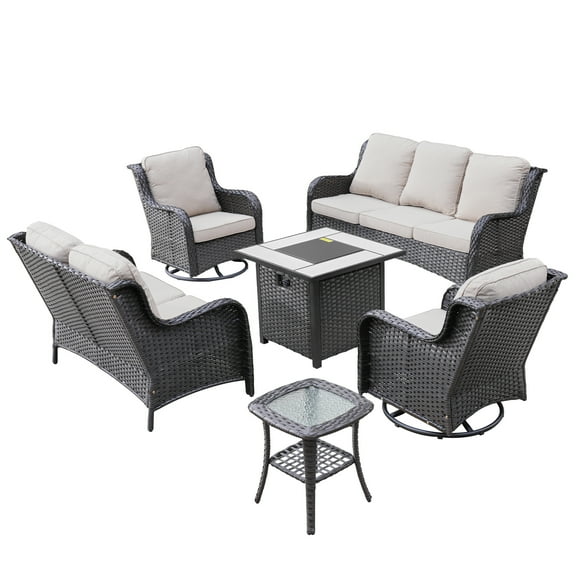 Ovios 6 Pieces Outdoor Patio Furniture with Fire Pit Table Wicker Patio Sectional Sofa with Swivel Chairs for Backyard