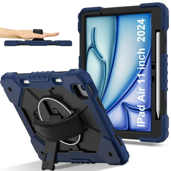 Dteck Case for iPad Air 11 inch 2025/2024 (M3/M2) with Pencil Holder, Shockproof Silicone   PC 3 Layer Protection Case Heavy Duty 360° Rotating Hand Strap Kickstand Cover,Navy Black