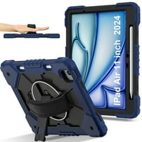 Dteck Case for iPad Air 11 inch 2025/2024 (M3/M2) with Pencil Holder, Shockproof Silicone PC 3 Layer Protection Case Heavy Duty 360° Rotating Hand Strap Kickstand Cover,Navy Black