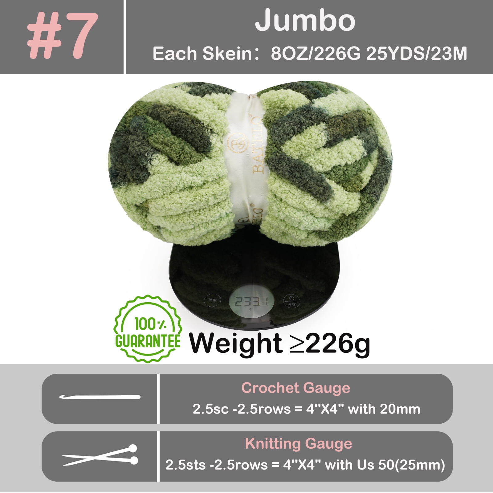 BATELO 8 Skein Chunky Yarn for Hand Knitting, Big Blanket Yarn Jumbo, Soft Chenille Yarn Bulky, 0.5lb/25yds, Colorful Green