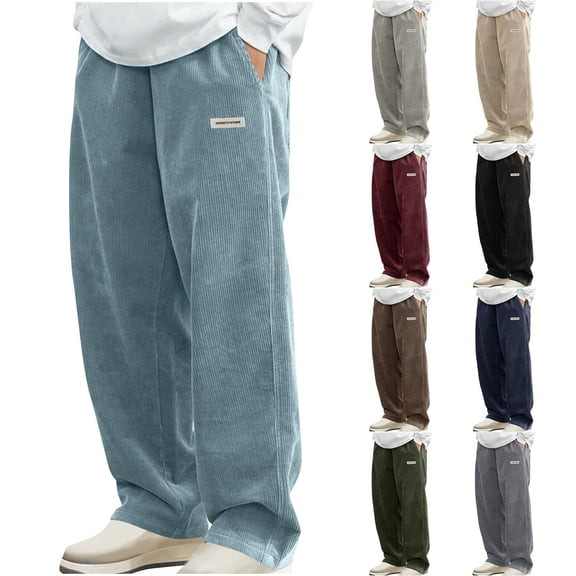 Aofany Corduroy Pants Men Relaxed Fit Drawstring Elastic Waist Baggy Chino Pants Wide Leg Pants Twill Slacks with Pockets