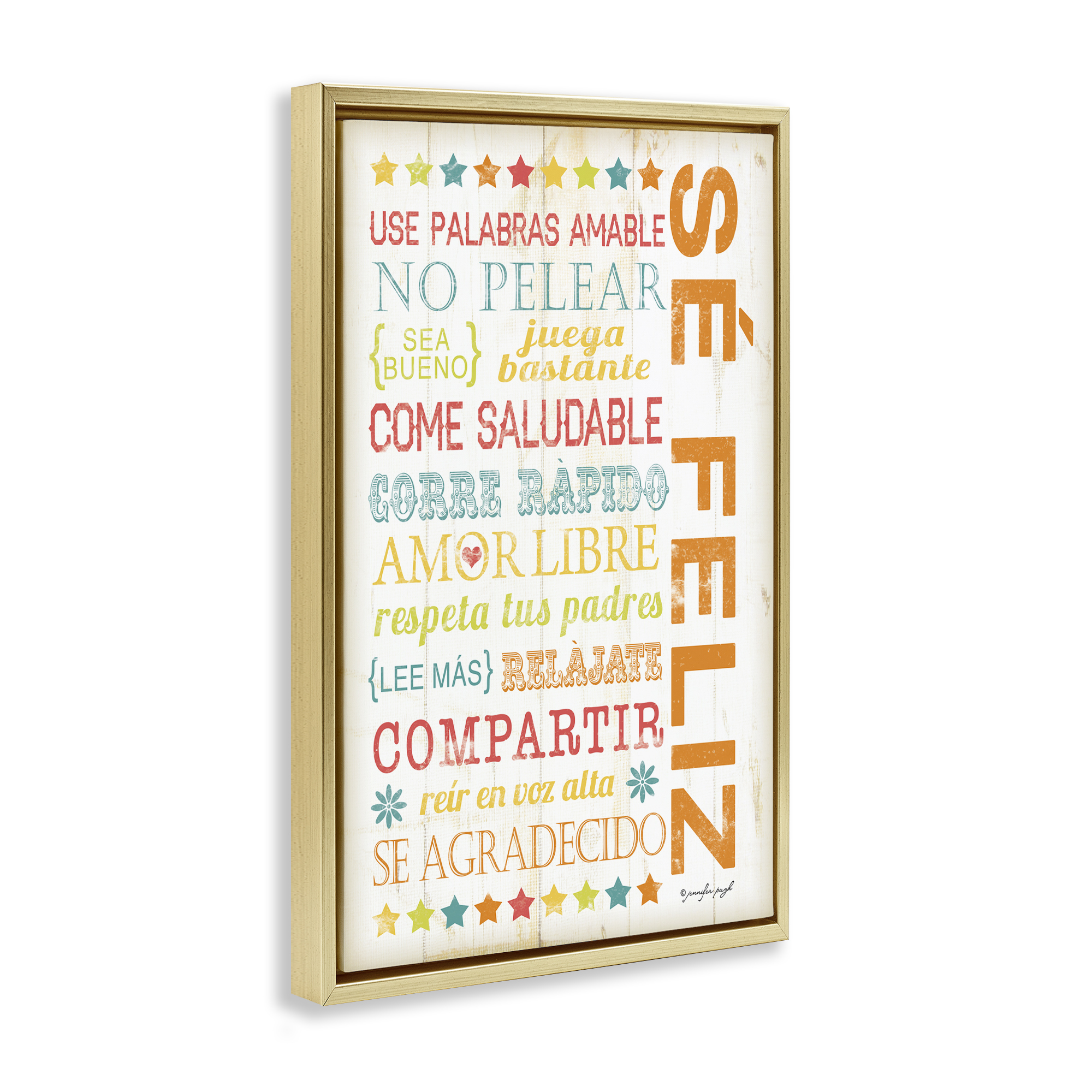 Stupell Industries Frases para Ser Feliz Inspirational Quotes & Sayings Painting Gold Floater Framed Art Print Wall Art, 21 x 31