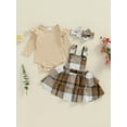 thumbnail image 2 of Nygoyerh Little Girls 3-Piece Outfits 3M 6M 12M 18M 24M Ruffles Long Sleeve Playwear Crew Neck Romper + Plaid Tiered Overall Skirt + Headband Set Newborn Infant Clothing, 2 of 7