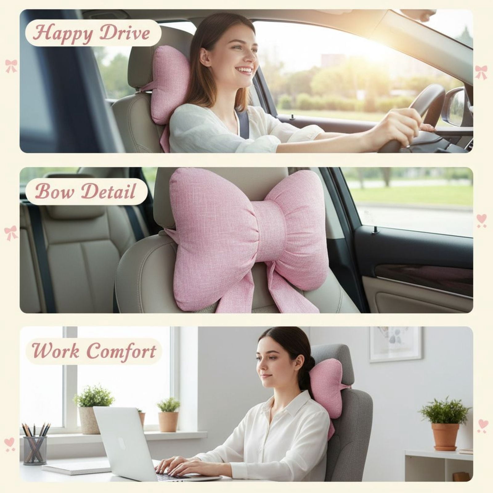 2 Pcs Pink Bow Car Accessories, Cute Car Decor Accessories with Linen Headrest Pillow, Provides Neck Support for Women, Breathable and Comfortable