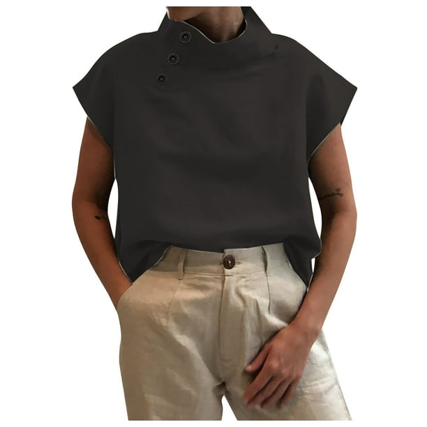 Camisa de algodón holgada informal de manga corta con botones abiertos informales de manga corta para mujer OAVQHLG3B Store lin121212