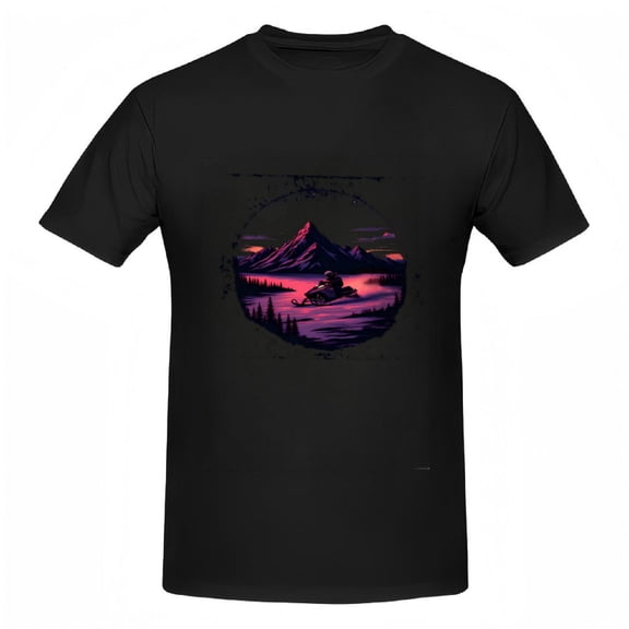 Cotton Short Sleeve T-Shirts for Women - Serene Landscape Print with Snowmobile Sky and Pine Tree Silhouette Design