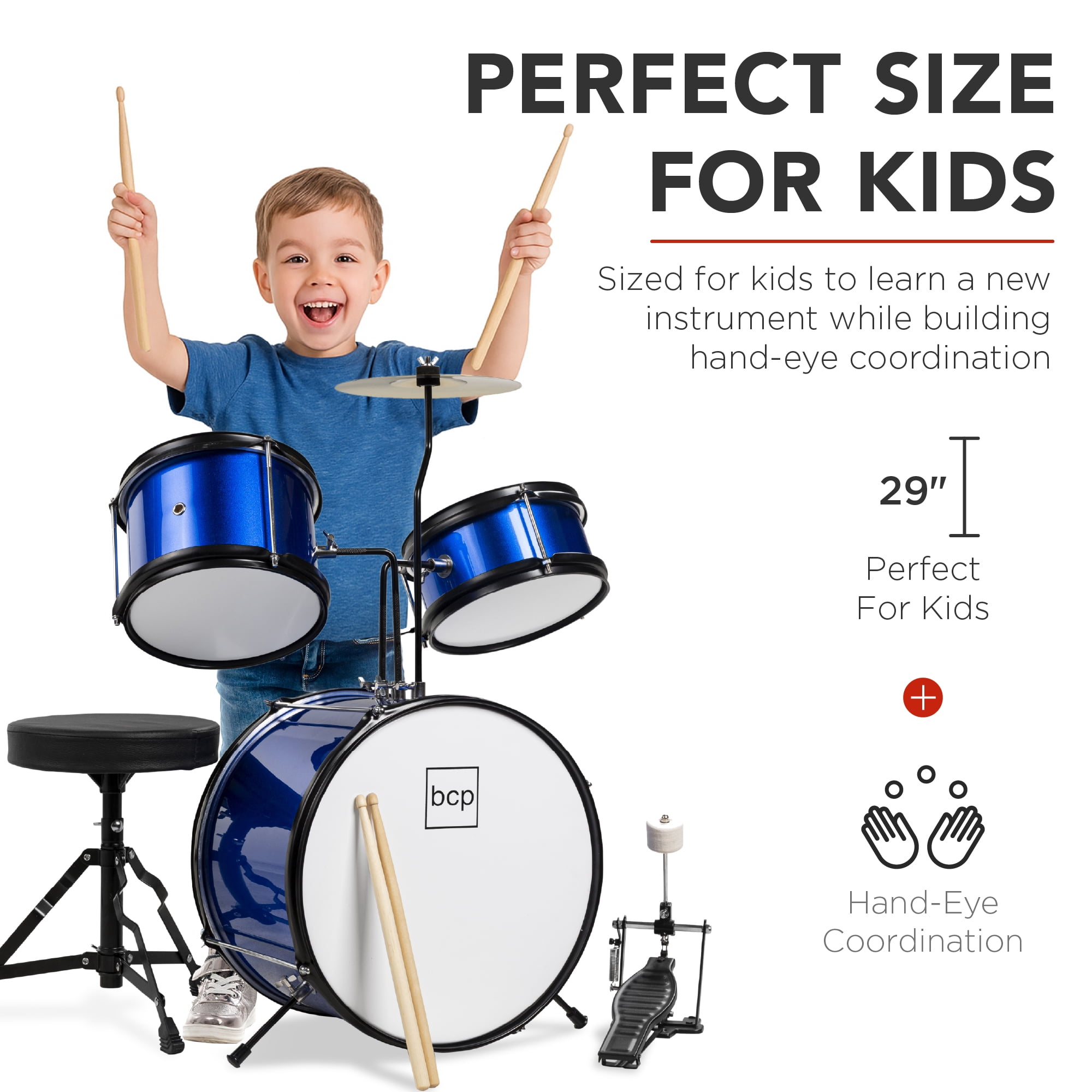 Best Choice Products Kids Beginner 3-Piece Drum, Musical Instrument Set w/ Sticks, Cushioned Stool, Drum Pedal - Blue