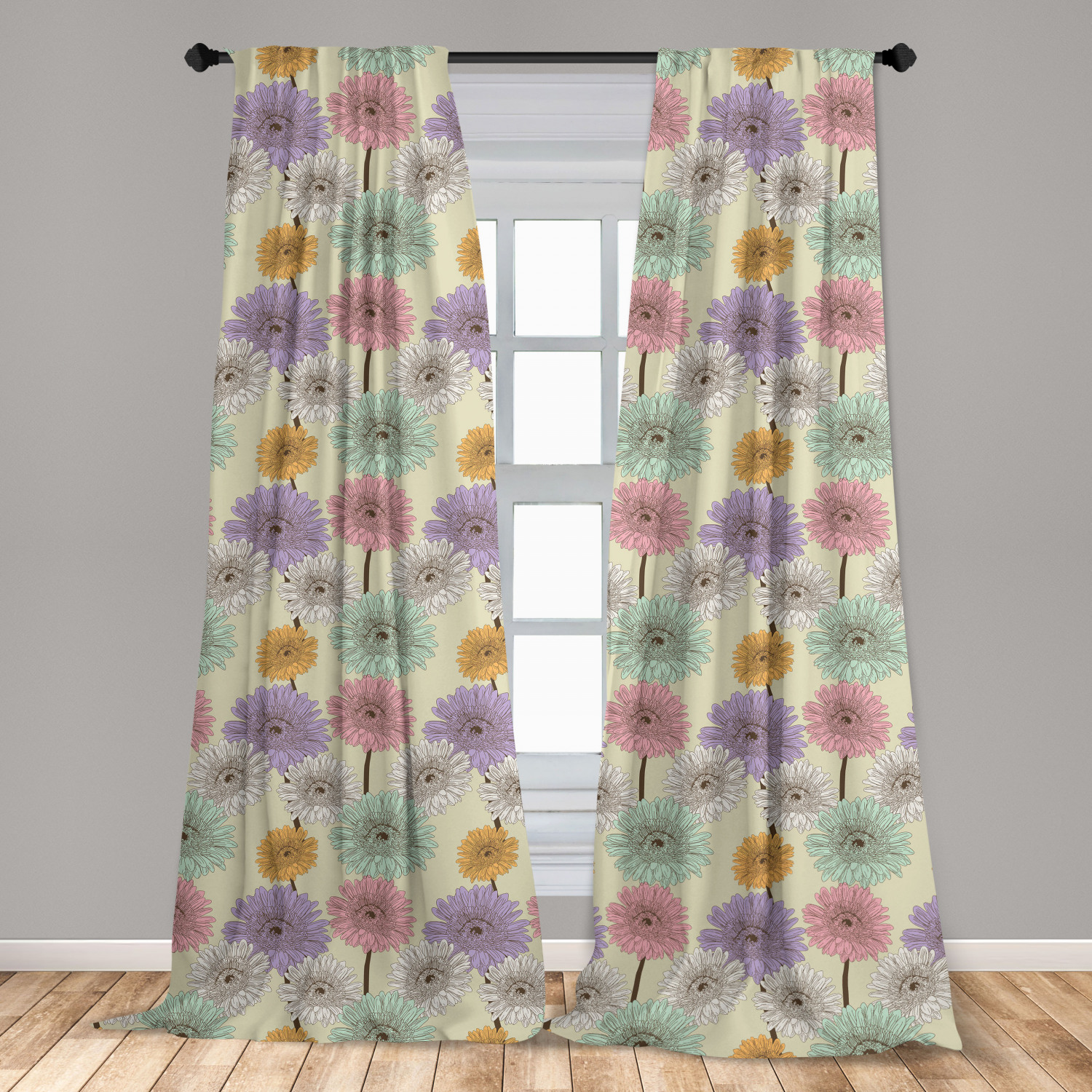 Colorful Curtains 2 Panels Set, Gerbera Daisy Arrangement with Vintage