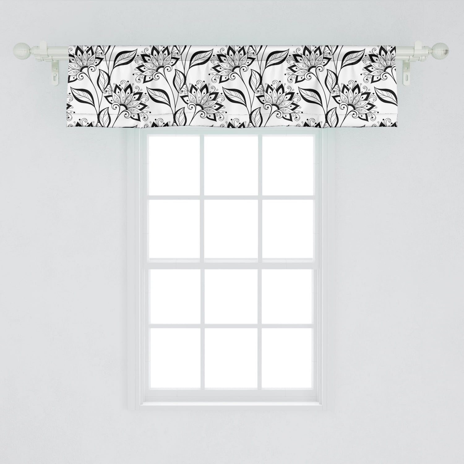 Ambesonne Black and White Window Valance, Monochrome Floral Composition in Hand-drawn Style with Curly Details, Curtain Valance for Kitchen Bedroom ...
