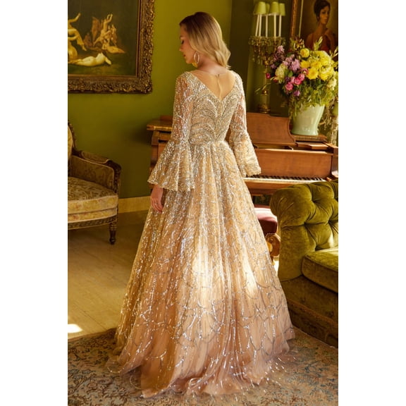 Women's GLS Gloria Beaded Bell Sleeve A-line Gown Gl3582 New Collection Dress Gold Size L