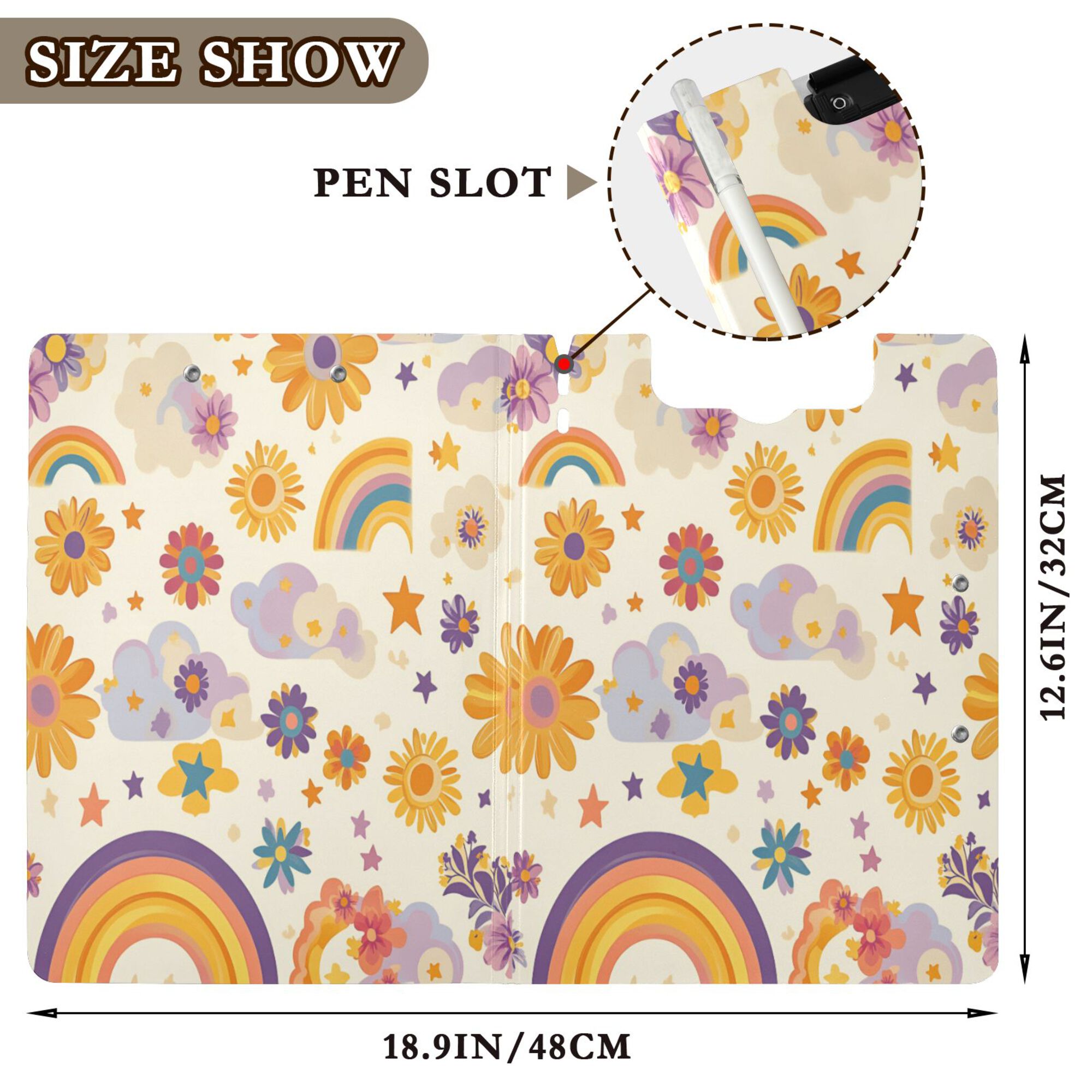 FORMRS A4 Clipboard Folder with Pen Holder Horizontal Foldable School Office Binder, Beige Retro Rainbow