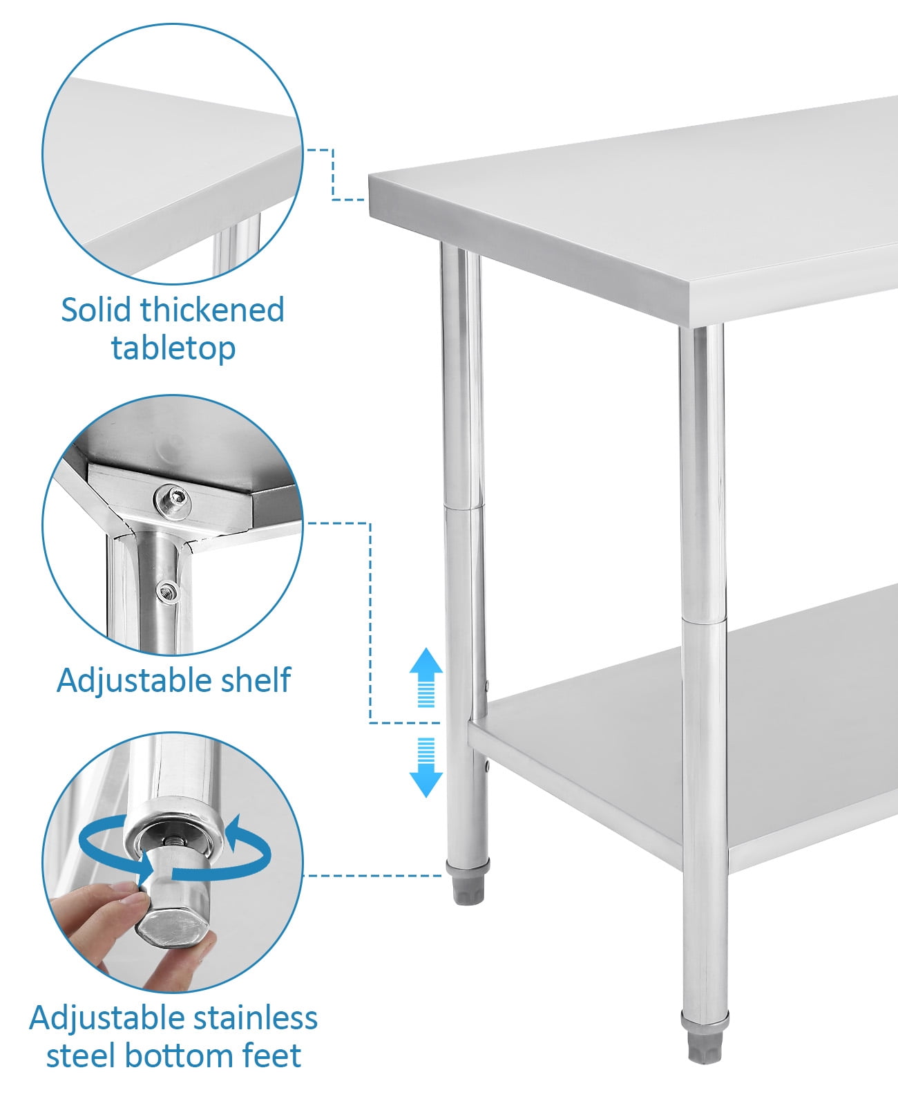 Stainless Steel Work Table Commercial.  Metal Utility Table w/ Adjustable Heights. for Home Garage Restaurant
