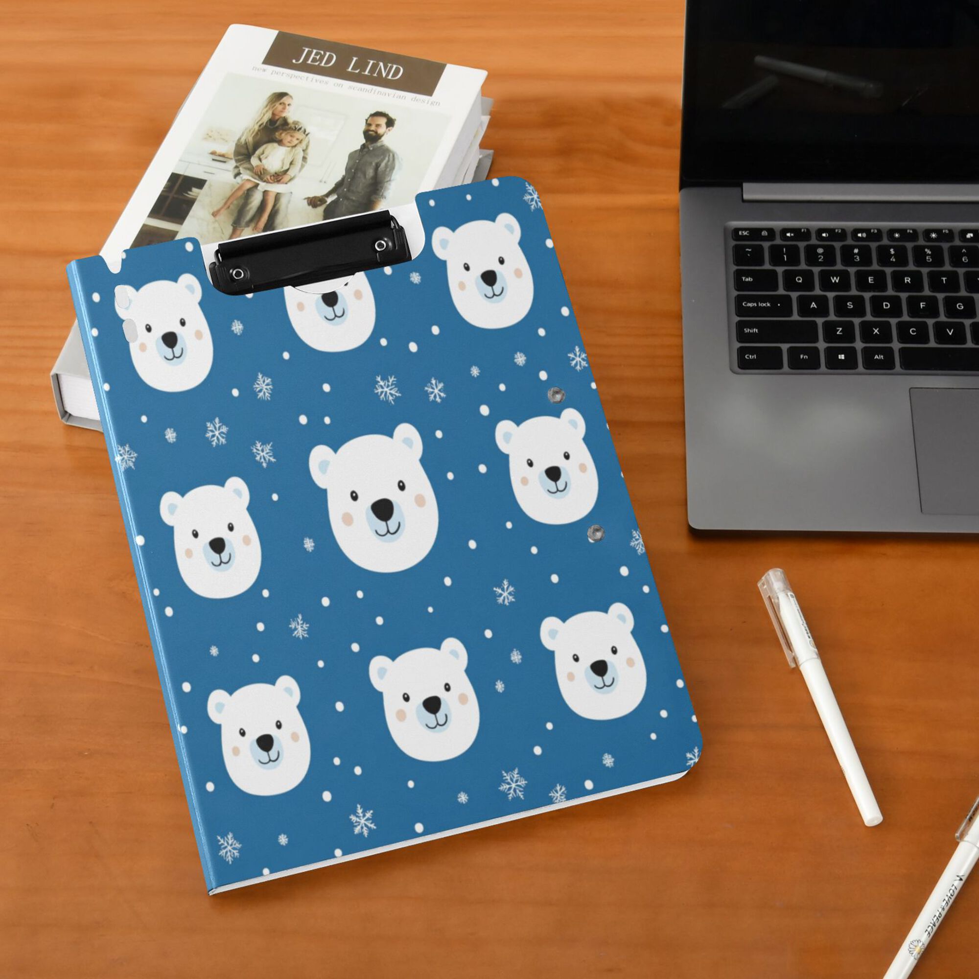 FORMRS A4 Clipboard Folder with Pen Holder Horizontal Foldable School Office Binder, Blue Polar Bear