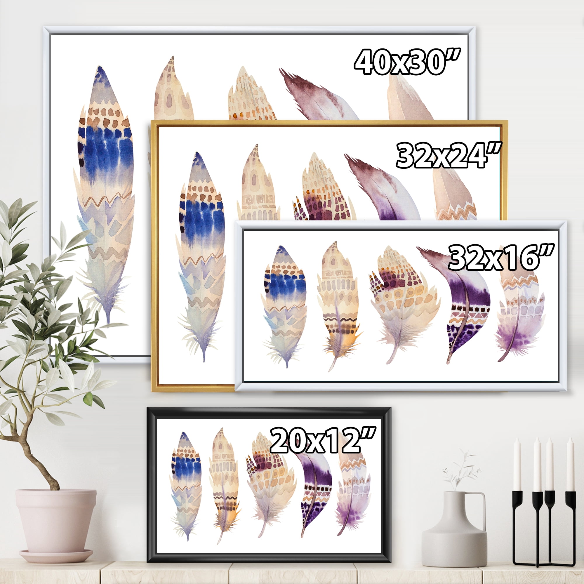 Designart 'Ethnic Purple Boho Art Feathers' Bohemian & Eclectic Framed Canvas Wall Art Print