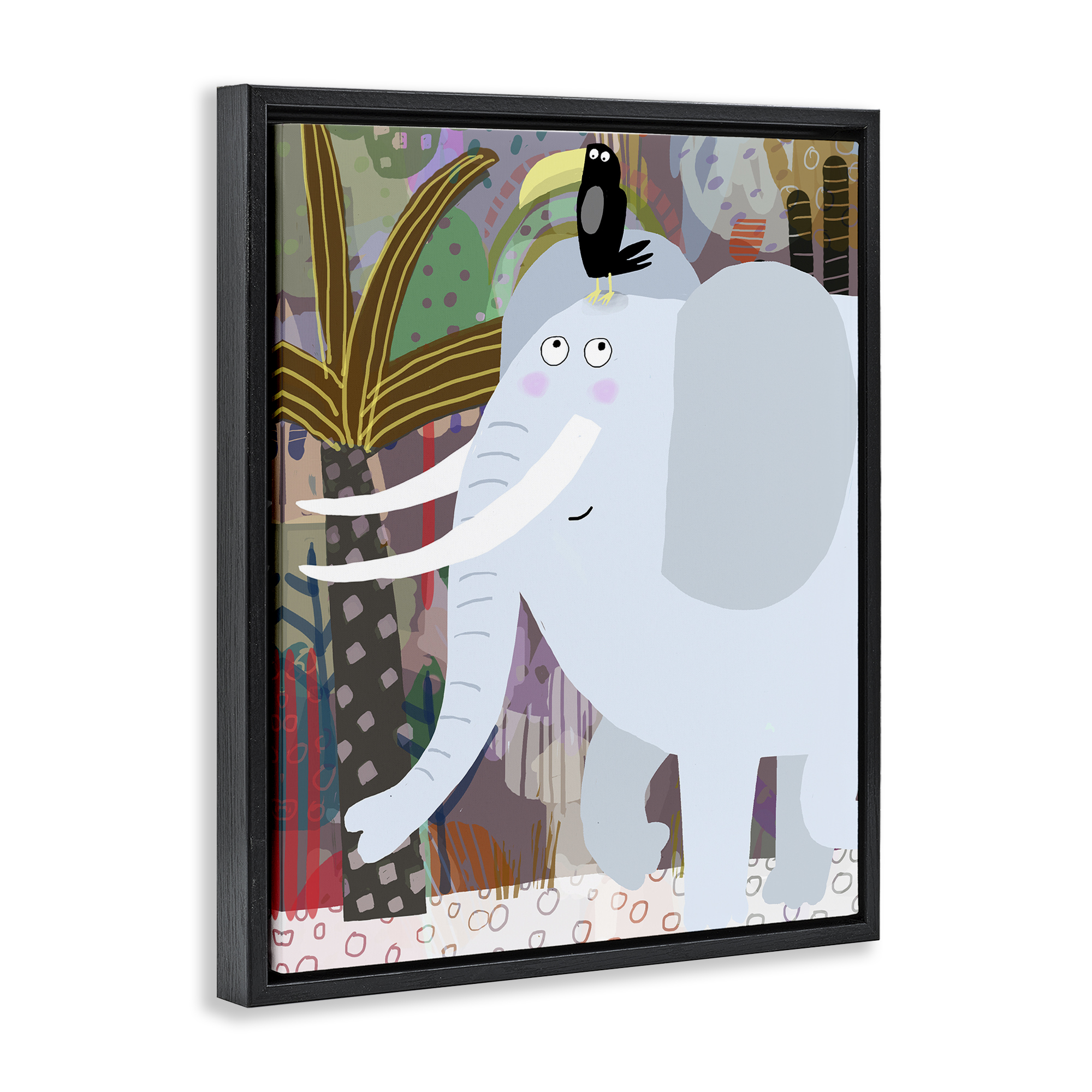 Elephant & Toucan in Jungle Black Framed Floater Canvas Wall Art, design by Carla Daly