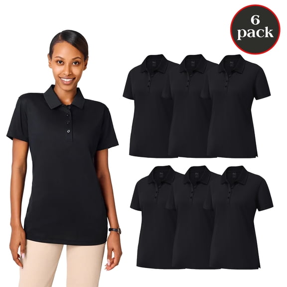 Zfeel Women Pure Dry Fit Poly Polo Shirt, Black Moisture Wicking Polo, 6 Pack Short Sleeve Polo, S
