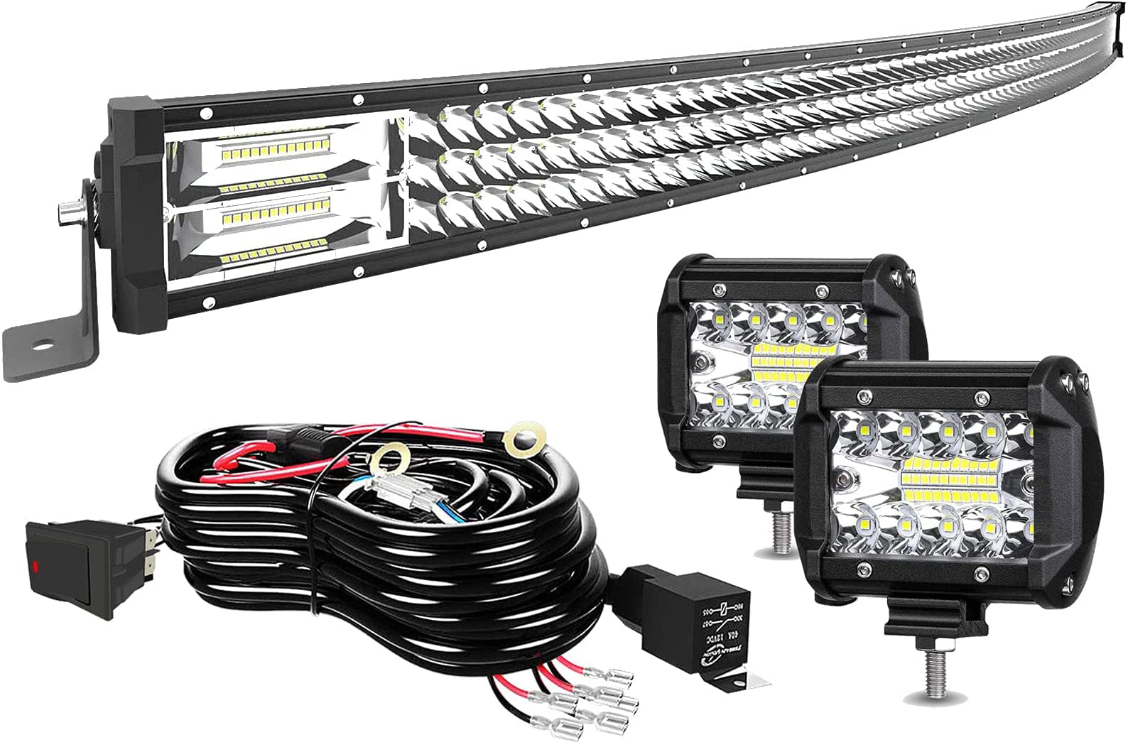 TURBO SII 50 LED Light Bar Curved Triple Row 684W Flood Spot Combo Beam Led Bar W/ 2Pcs 4in Off Road Driving Fog Lights with Wiring Harness-3 Leads for Jeep Trucks Polaris ATV Boats Lighting 