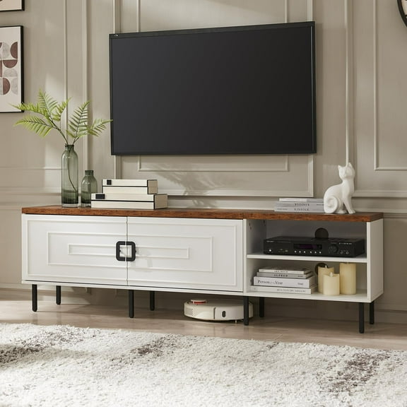 Onbrill 70-Inch Farmhouse Style Modern TV Stand with Adjustable Shelves and Storage Cabinets