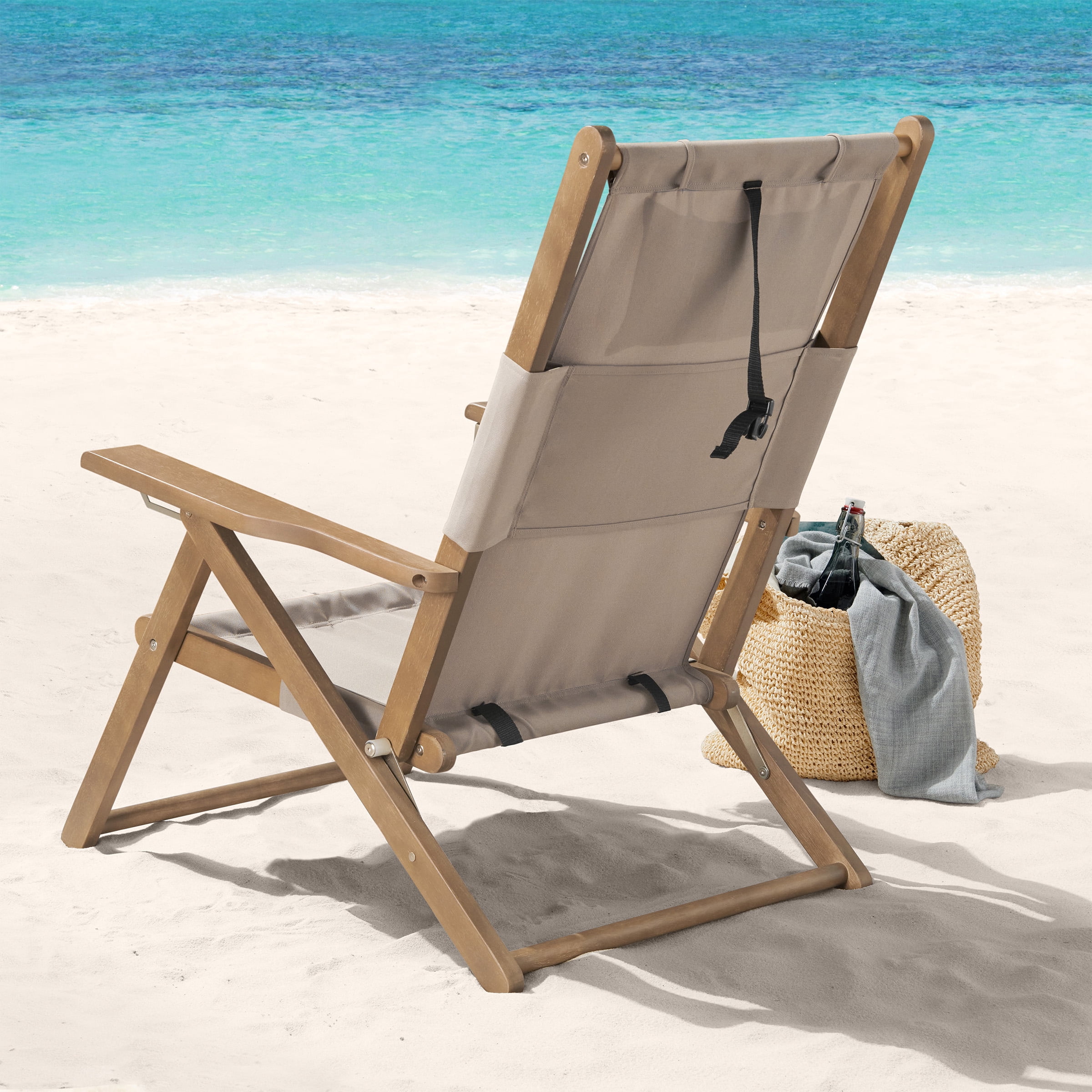 Lavish Home Weather Resistant Folding Beach Chairs – 4-Position Recliners with Carry Straps, Taupe