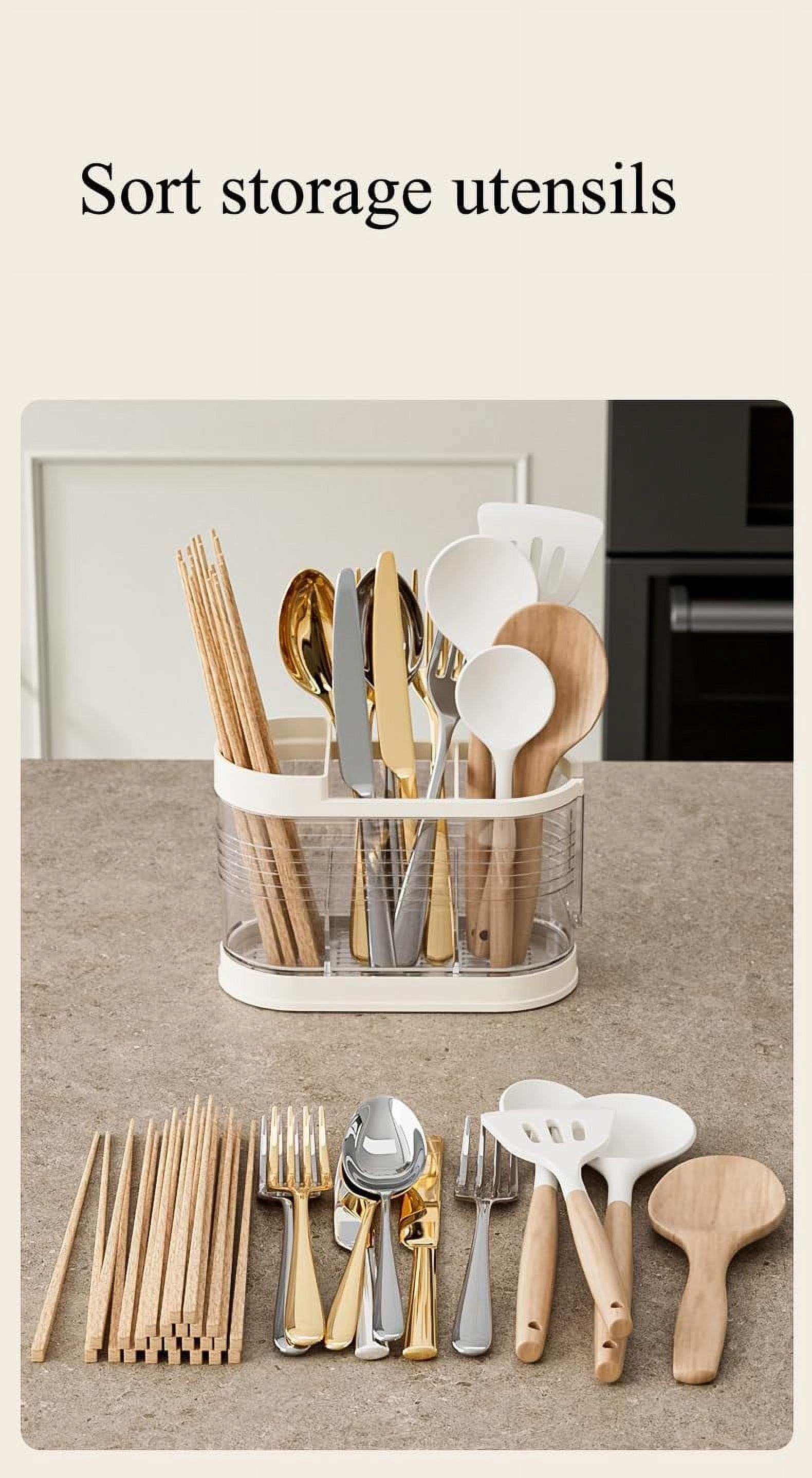 ABPETE Clear Countertop Cutlery Drying Holder Utensil Holder Cutlery Drainer Tableware Holder Box Tabletop Separated Fork Chopstick Kitchen Storage Cutlery Utensil Organizer