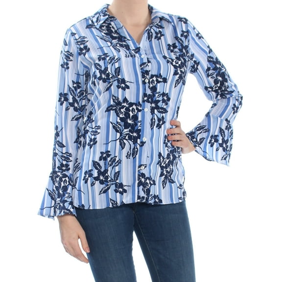 NY COLLECTION $48 Womens New 1588 Blue Printed Bell Sleeve Blouse Top M B B