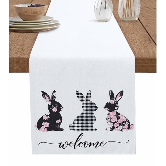 Easter Bunny Table Runner 108 Inches, Spring Floral Black Lattice Spring Farmhouse Bed Runner Dresser Scarves Tabletop for Indoor Outdoor Parties/Ceremony/Banquet, 13"x 108"