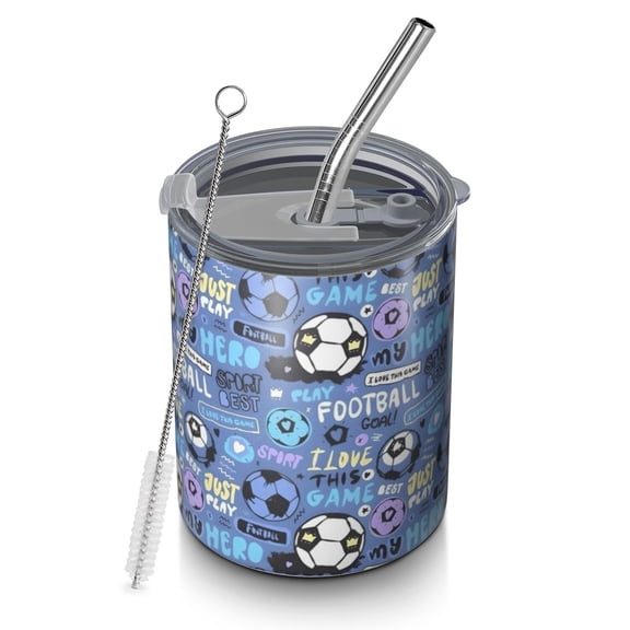 12oz Coffee Tumblers Blue Soccer Themed Pattern Stainless Steel Vacuum Insulated Travel Tumbler Coffee Cups Mug with Lid and Straw with Cleaning Brush for Cold & Hot Drinks