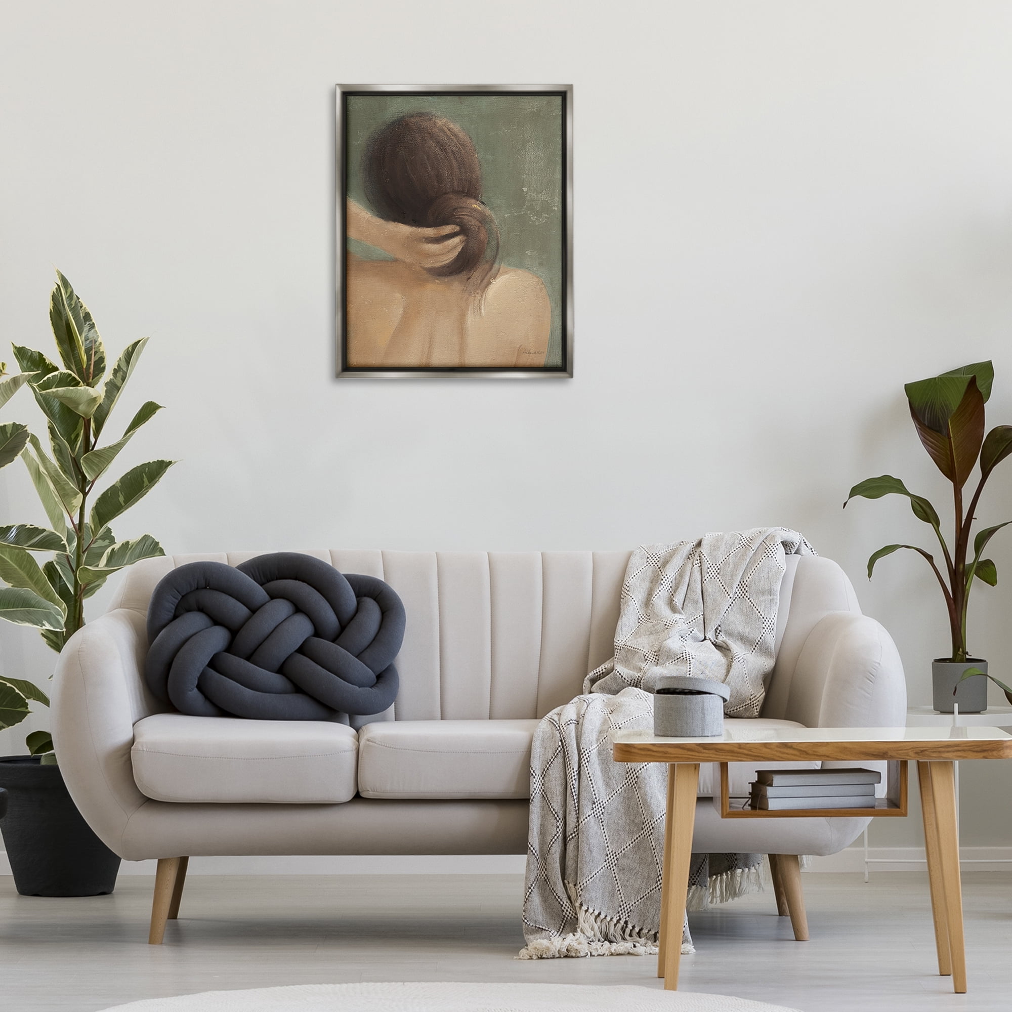 Stupell Industries Classic Brunette Woman Novelty Painting Gray Floater Framed Art Print Wall Art, 25 x 31