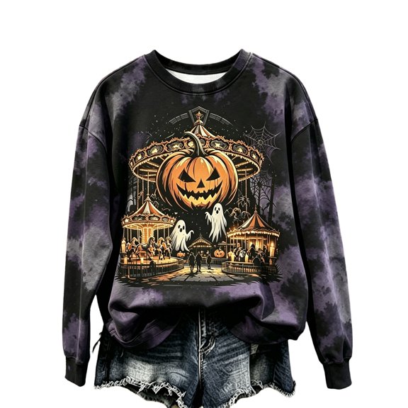 Halloween Vintage Tie Dye Crewneck Sweatshirt for Women Long Sleeve Pumpkin Ghost Graphic Pullover Casual Fall Top Light Purple XXXL