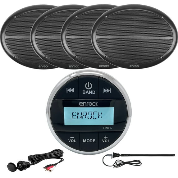 Enrock Gauge Style Media Center Marine Grade Bluetooth Receiver, 4 x Enrock 2-Way 6x9" Weather-Resistant Full-Range Speakers (Black), Auxiliary Interface Mount, Radio Antenna