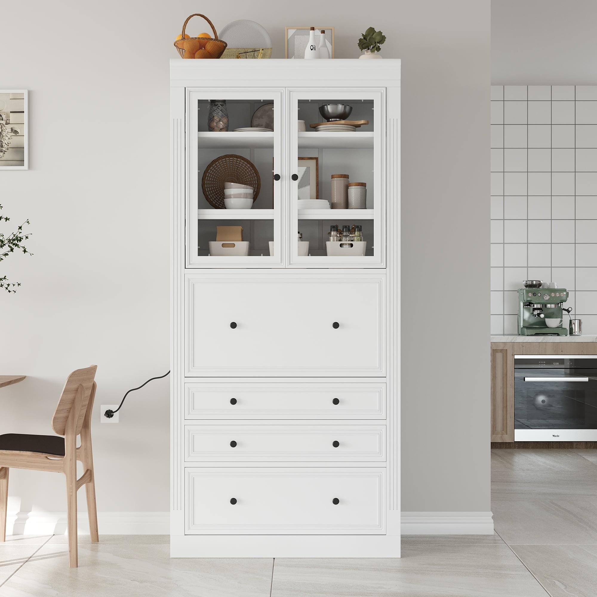 Euroco 36x16.5x78inch Freestanding Kitchen Pantry Storage Cabinet,Multifunctional Cupboard with 3 Drawers,Adjustable Shelves and Power Outlet for Dining and Living Room,White