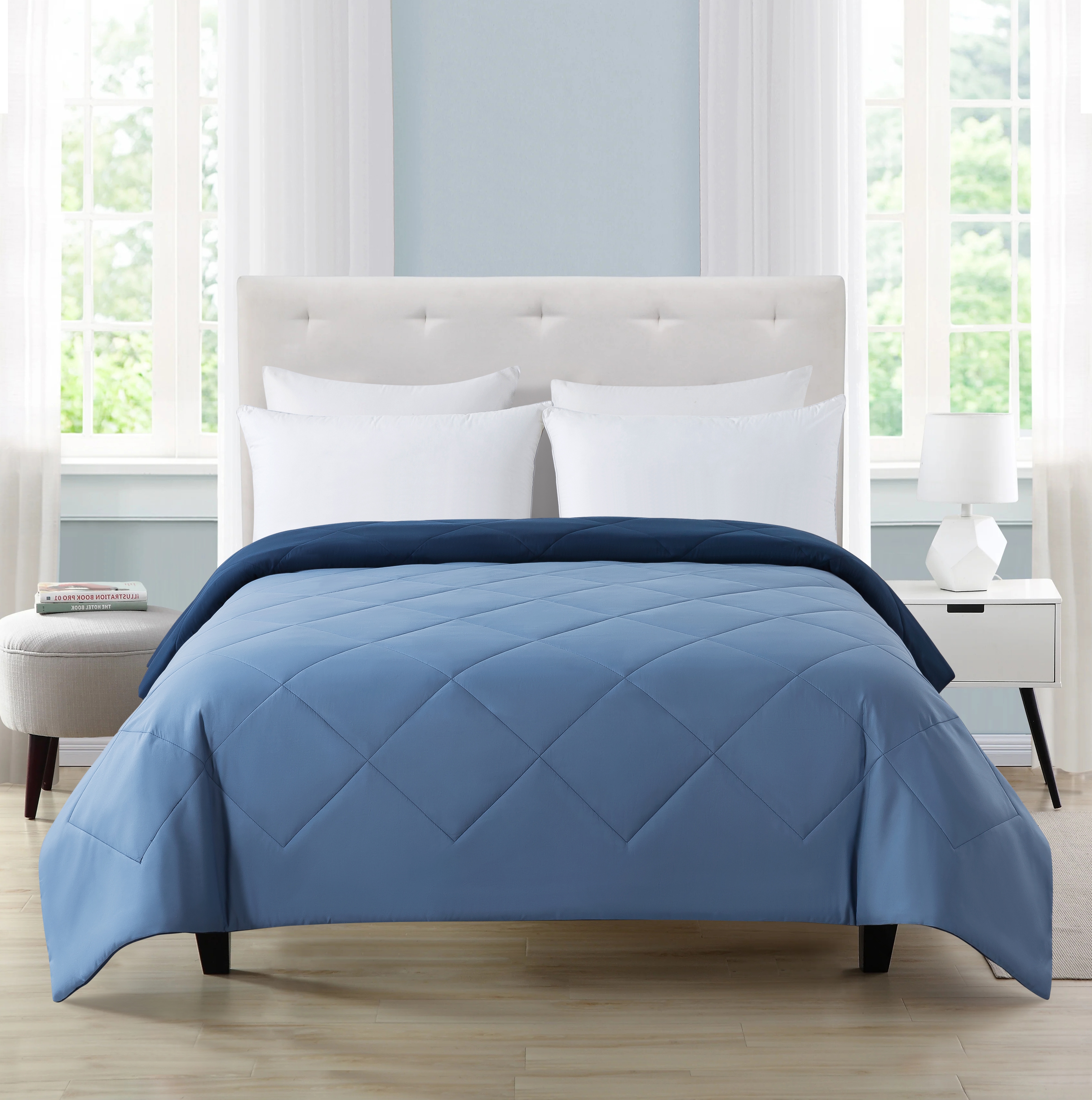 MAINSTAYS REVERSIBLE MICROFIBER COMFORTER, NAVY, FULL/QUEEN