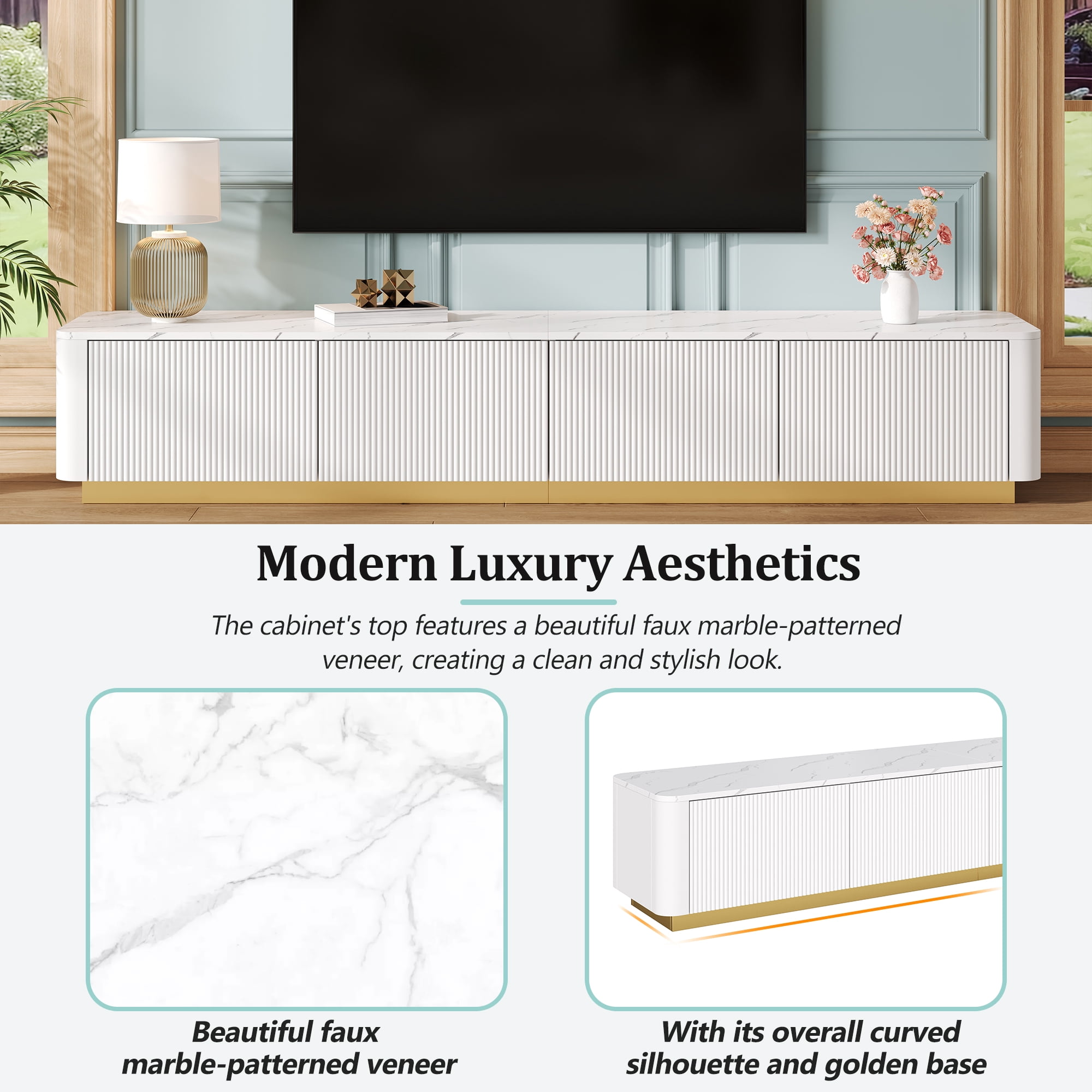 Harper & Bright Designs Fluted TV Stand for 85 inch TV with Gold Base, Modern Media Console with 4 Drawers, Entertainment Center with Curved Profile Design for Living room, White
